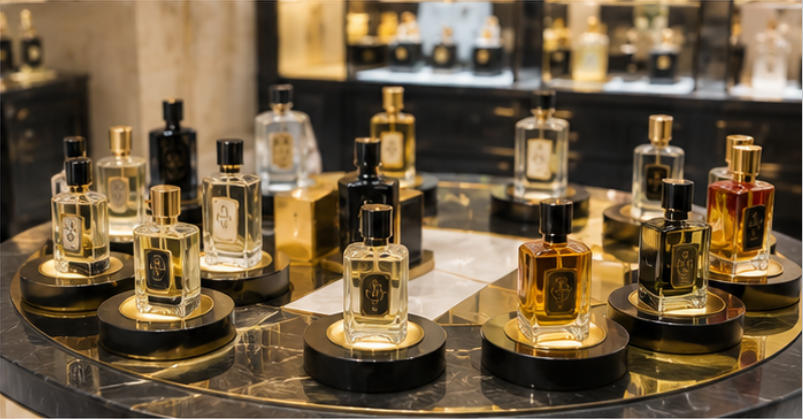 Parfums Uniques brass dark wood black steel display
