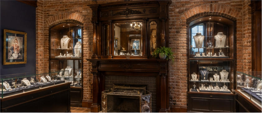 displays integrated into brick wood historic architecture