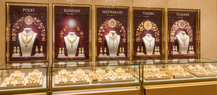 Tanishq multi-tiered display system Indian craft aesthetic