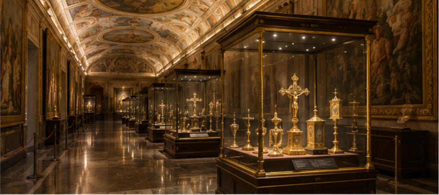 Vatican classical artifact display cabinets dark wood