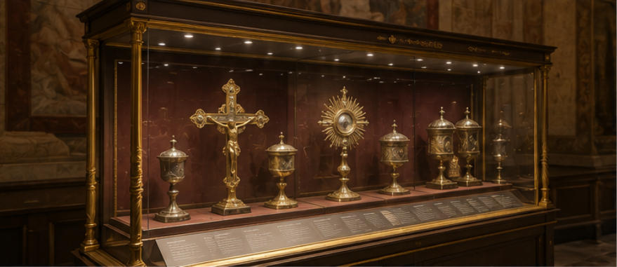 Vatican ultra-white low-reflection glass brass vitrines