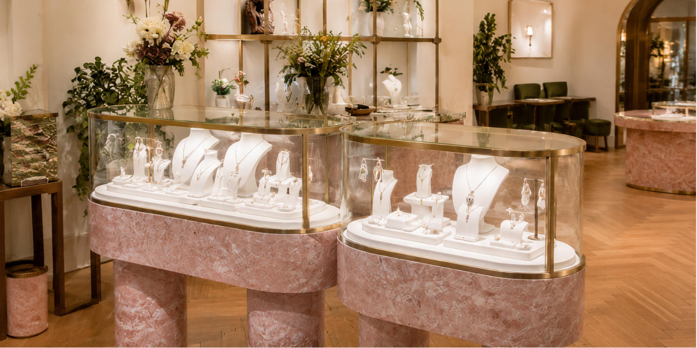 Ylang 23 custom pink marble jewelry displays