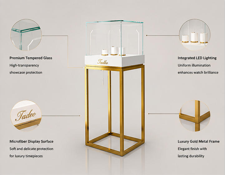 Structural diagram bronze counter watch stand with arched glass & hidden base storage