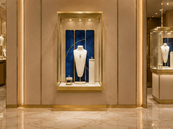 Real Installation Shot In Artistic Light Luxury Fine Jewelry Boutique Storefront Window & Entrance Corner Landmark Focal Zone