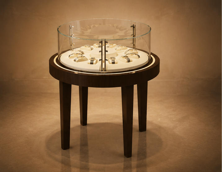 45 degree side view ash wood watch stand single door embedded light shop island cabinet