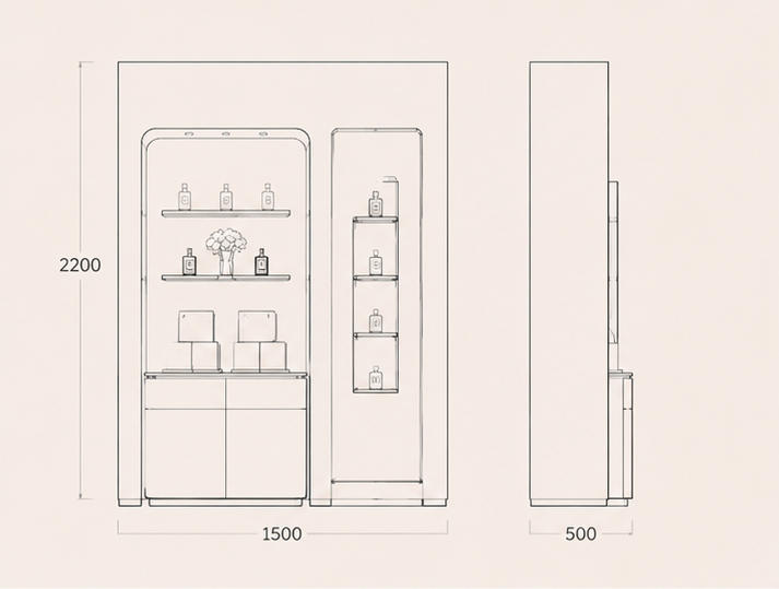CAD drawing asymmetrical dual niche perfume wall gold trim layered glass shelf storage cabinet