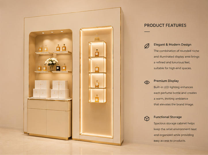 45° oblique view dual asymmetrical scent wall with English selling feature labels