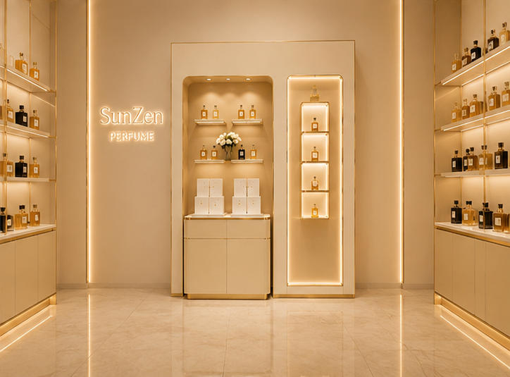 Front real shot asymmetrical dual niche perfume wall inside luxury fragrance boutique