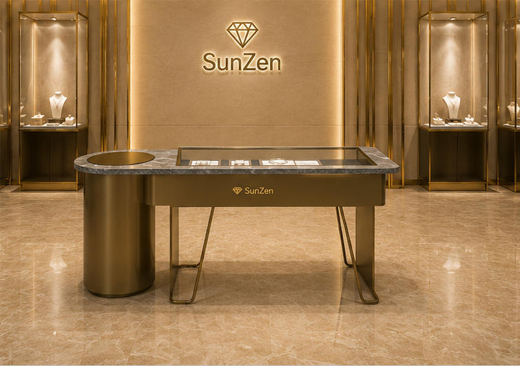Real Installation Shot In Avant-Garde Minimalist Designer Fine Jewelry Boutique Central Aisle Focal Zone