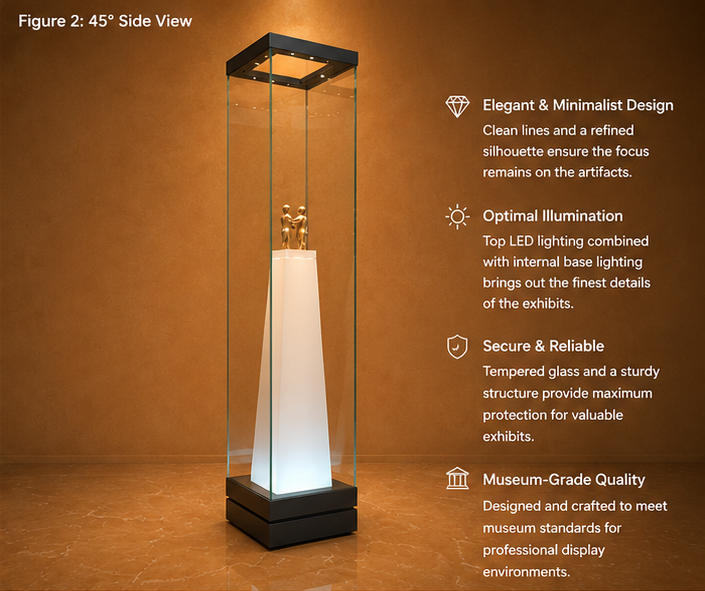 Feature close-up of four-sided UV transparent glass, bottom backlit LED strip, tapered plinth heritage pedestal inside miniature bronze exhibit booth