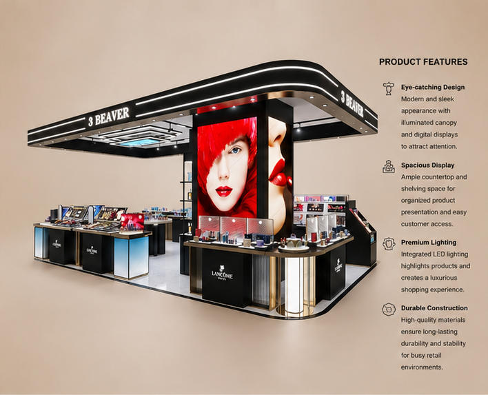 45° oblique view roof LED mall cosmetic kiosk multi-compartment brand display showcase feature labels