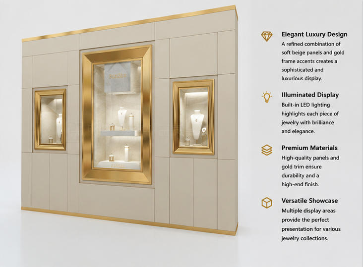 45 Degree Full Render of Beige Panel Gold Frame Symmetry Jewelry Backdrop