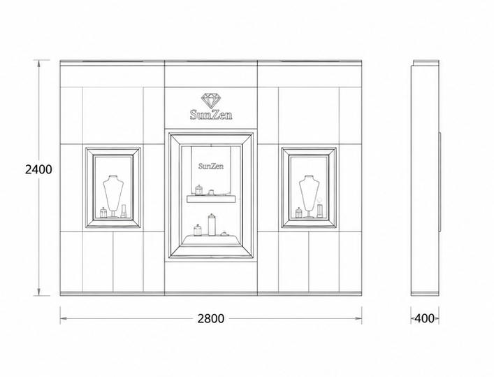 Jewelry Triple Niche Wall Cabinet CAD Drawing