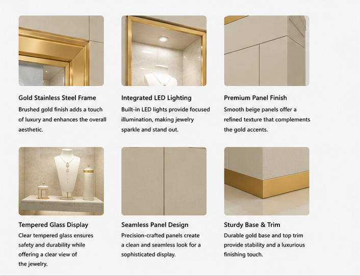 Material & Craft Close-up of Beige Panel Gold Frame Triple Niche Jewelry Wall Cabinet