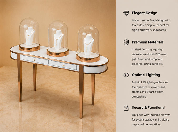 Close-up feature of sealed bell glass display dome, silent drawer and polished rose gold table frame