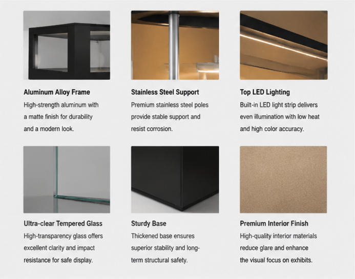 Material close-up matte black solid storage base, low iron anti-UV tempered overhead glass, polished stainless steel support legs for elevated artifact cabinet