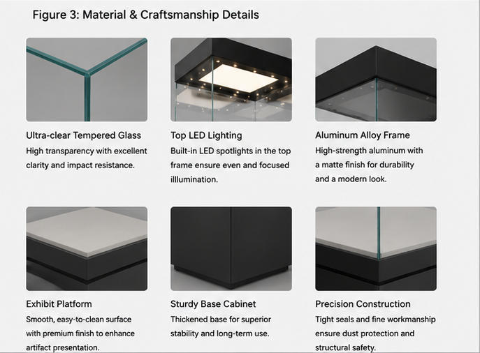 Material craft close-up of matte black solid square block base, low-iron anti-UV vertical glass, acid-free linen display surface, aluminum top light frame