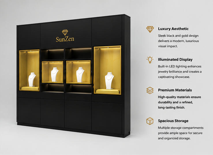 45 Degree Full Render of Black Wood Lining Four Compartment Jewelry Wall Unit