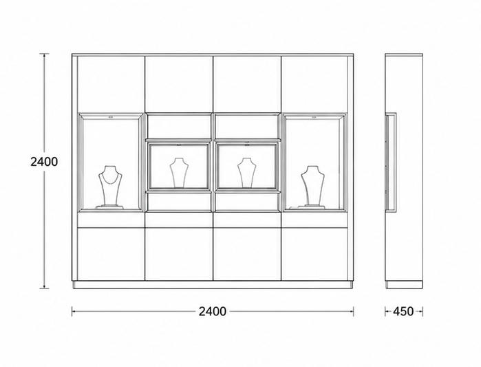 Jewelry Four Compartment Black Wall Cabinet CAD Drawing