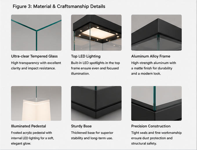 Material craft close-up of matte black aluminum frame, low-iron anti-UV vertical glass, frosted backlit tapered solid plinth base