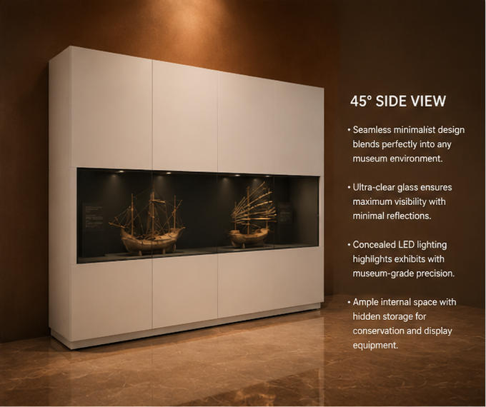 Close-up dark black anti-reflection inner liner, long horizontal transparent viewing glass inside ship model vitrine black liner boat booth