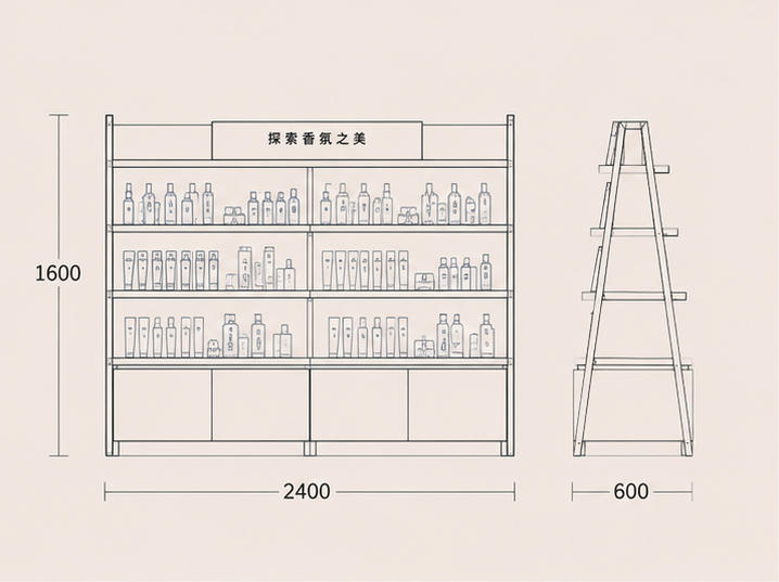CAD drawing slant frame multi-layer black metal cosmetic rack closed bottom storage cabinet