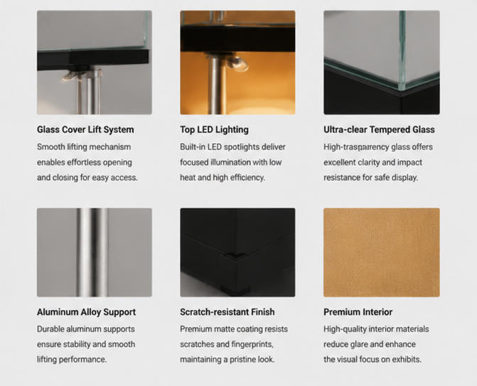 Material close-up matte black solid square pedestal, low iron anti-UV cube glass, embedded soft diffused backlight for backlit miniature artifact case square plinth LED vitrine