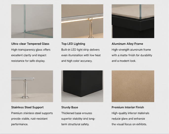 Material close-up matte black solid triple support plinths, anti-UV tempered overhead glass, soft archival linen mat for long linear heritage case open frame horizontal booth