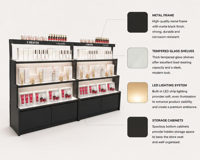 Close-up matte black frame, white flat shelf and brand print top rail for cosmetic counter