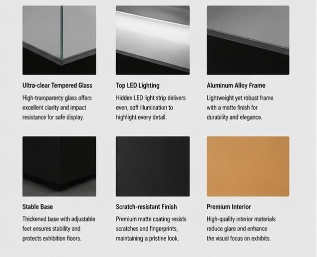 Material close-up matte black solid wide storage base, low iron anti-UV surrounding glass, soft white sloped archival liner for angled interior artifact case numismatic heritage cabinet