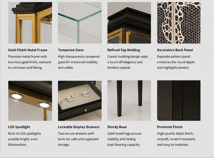 Material & Craft Close-up of Black Wood Gold Frame Double Layer Vertical Jewelry Tall Display Stand
