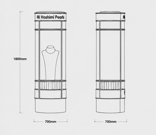 CAD drawing cylindrical pearl tower brass round vitrine branded top plinth 360 glass cylinder rotatable floor kiosk dimension layout