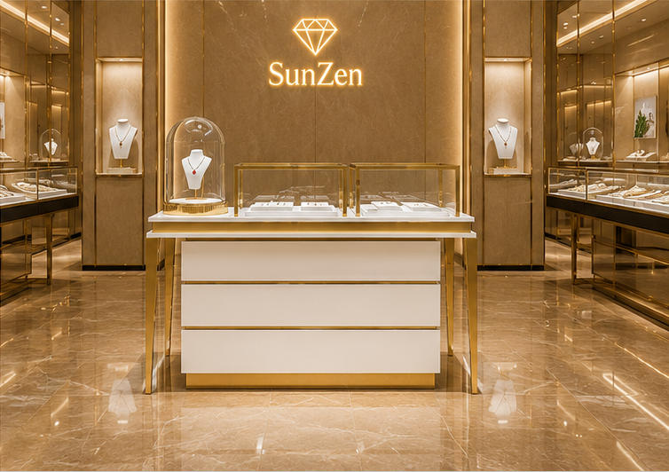 Real Installation Effect of White Glass Jewelry Counter in Modern Luxury Jewelry Boutique