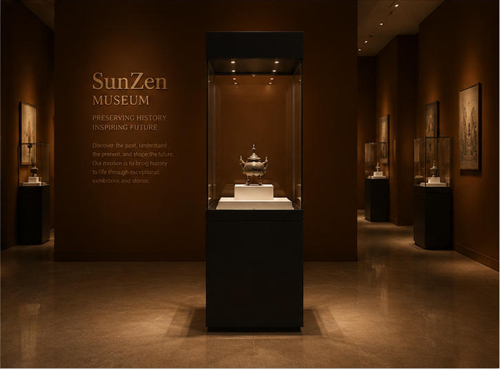 On-site render tall black cube vitrine top recess spot unit bronze artifact pedestal cabinet installed in archaeological bronze relic museum exhibition hall