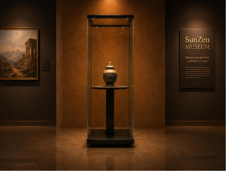 On-site render square bronze vitrine tall cube glass unit metal relic display cabinet installed in bronze cultural relic museum exhibition hall