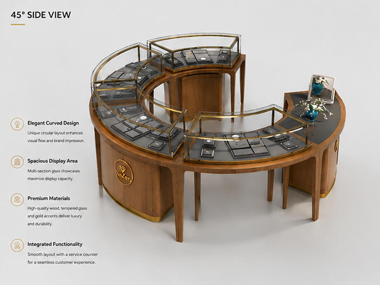 45 Degree Full Render of Natural Wood Multi Arc C-Shape Jewelry Central Island Table