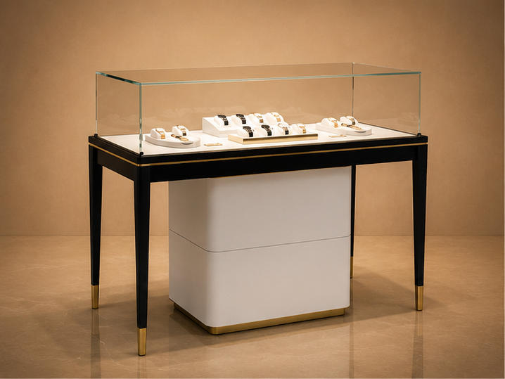 45 degree side view carbon watch cabinet single tier pull-out vitrine counter rack