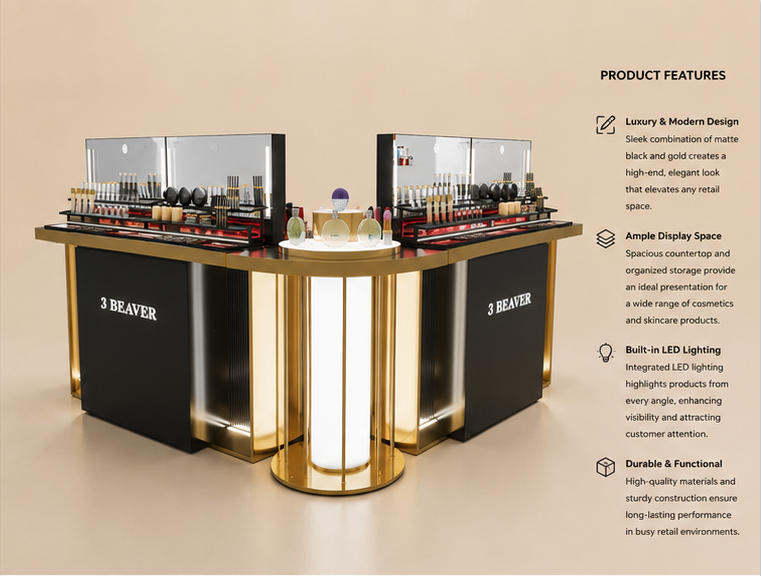 45° oblique view curved gold retail counter multi-compartment beauty display unit feature labels