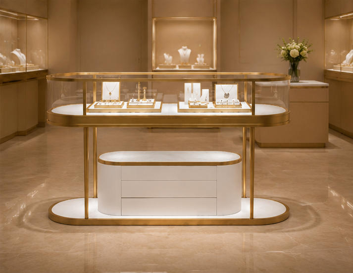 Oval gold glass island as boutique central display