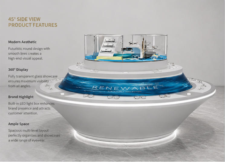 45° oblique view round tier dome eyewear showcase curved LED optician stand feature labels