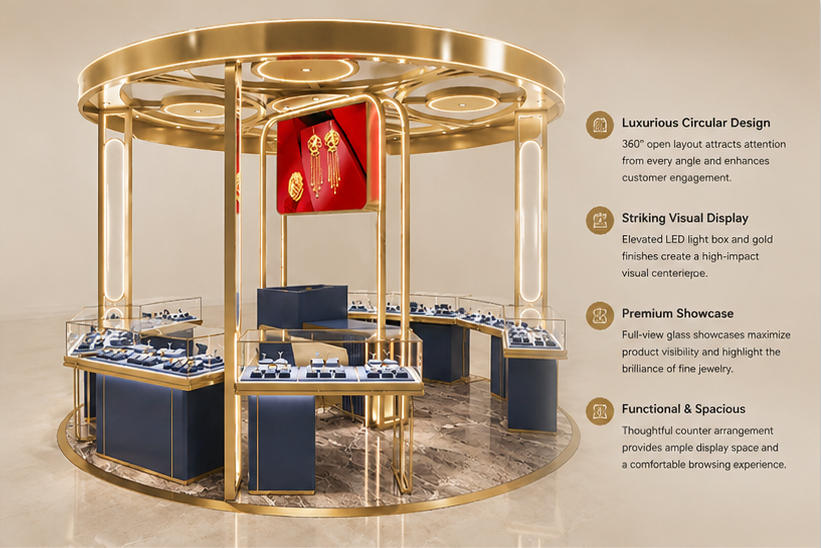Circular Gold Frame Jewelry Kiosk Round Open Top Mall Gold Jewelry Booth Render