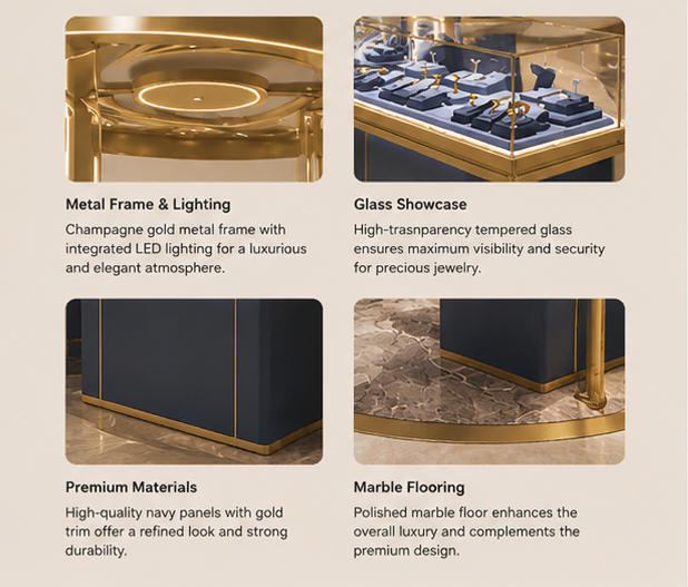 Polished Gold Metal Frame, Curved Glass Counter & Marble Decorative Panel Close-up Detail