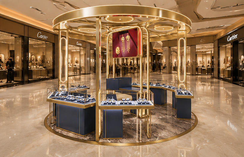 On-site Mall Central Passage Installation Shot Of Circular Gold Frame Open Gold Jewelry Kiosk
