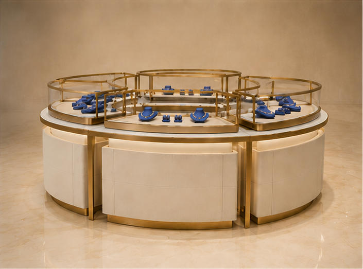 circular jewelry display island with multi-tier gold frame and curved glass