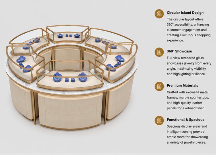 45 Degree Full Render of Five-segment Arc Modular Gold Frame Marble Top Fabric Base Jewelry Circular Modular Display Island
