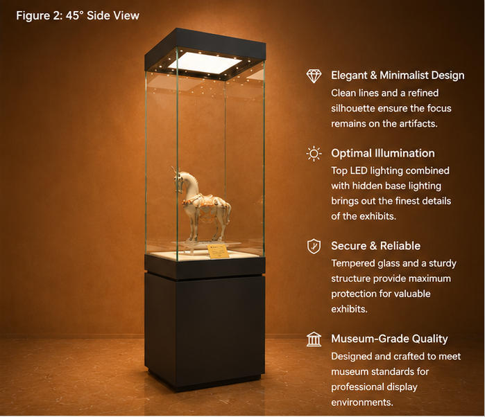 Feature close-up of four-sided UV tempered glass, top integrated LED light panel, linen archival mat elevated antique artifact booth inside block base heritage tower