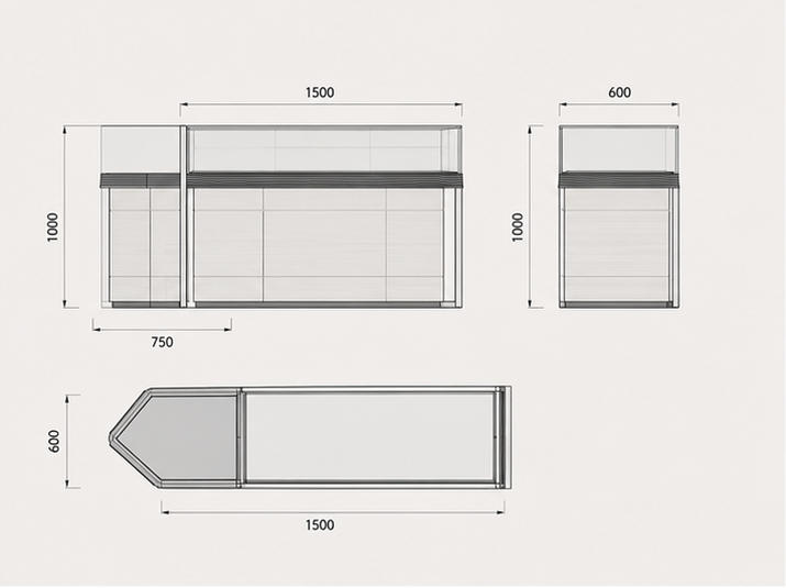 L-Shaped Combined Corner Cabinet & Glass Counter Mechanical CAD Drawing