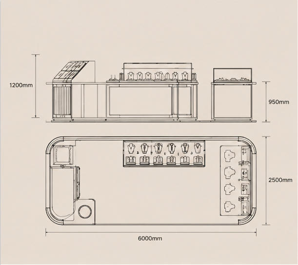 Spliced Curved Multi Unit Kiosk Frame & Open Glass Display Shelf Mechanical CAD Drawing