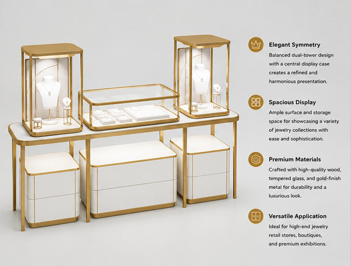 45 Degree Full Render of Modular Gold Frame Multi-unit White Base Jewelry Combined Display Set