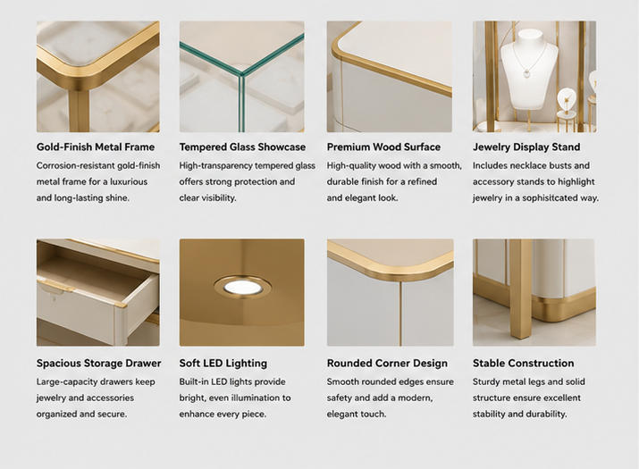 Material & Craft Close-up of Modular Gold Frame Multi-unit White Base Jewelry Combined Display Set